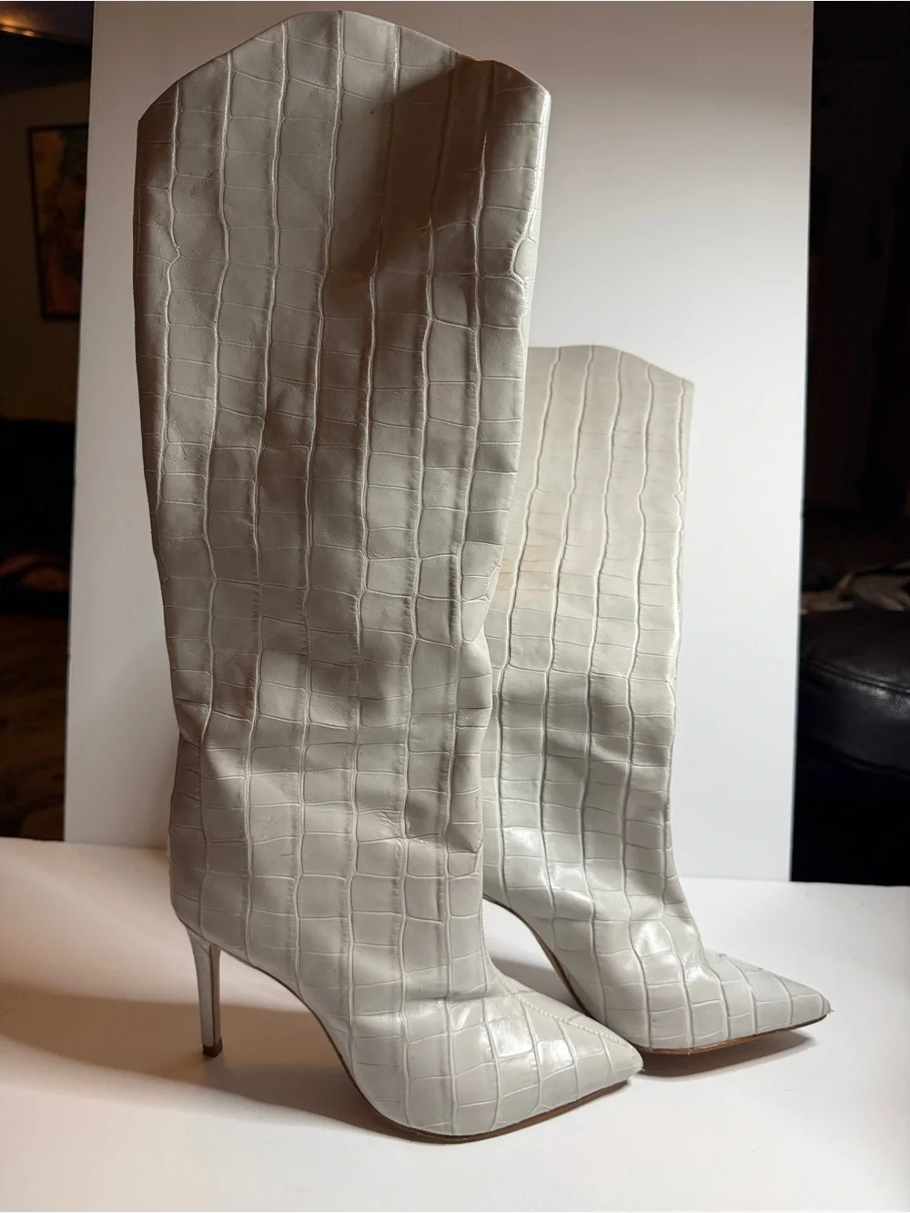 SCHUTZ White Croc-Embossed Over-the-Knee Stiletto Boots